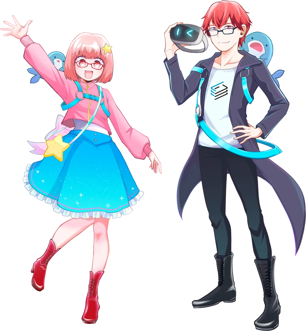 フレームシンセシスのイメージキャラクター。手を振るYukoと、VRゴーグルを持つKorin